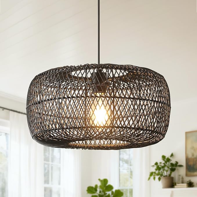Black Rattan Pendant Light, 16in Drum Wicker Chandelier Hand-Woven Rattan Hanging Lighting Fixture Boho Pendant Lights for Dining Room Kitchen Island Living Room Bedroom Foyer Entrance