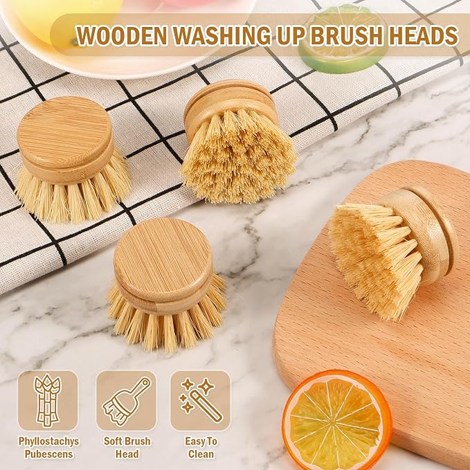 6pcs Bamboo Dish Brush Replacement Heads, Wooden Dish Brushes for Cleaning – Kitchen Wood Dish Scrubbers Washing Up Brush Heads – Natural Bristle Brush Refills for Dishes, Pots – Eco Friendly