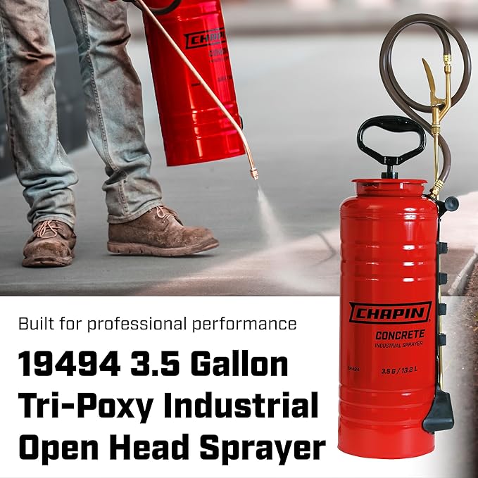 19494 Made in USA 3.5 Gallon Tri-Poxy Industrial Open Head Sprayer for Professional Concrete Applications, Form Oils, Construction with All Brass Components, 3.5 gallons, Red