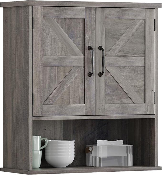 Farmhouse Bathroom Cabinet Wall Mounted, Washed Grey Small Medicine Cabinet with Adjustable Shelf, Bathroom Cabinet for Living Room, Laundry Room