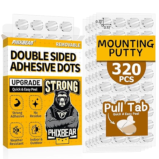 Upgraded Removable Mounting Putty with Pull Tab, Double Sided Adhesive Dots, No Trace Tape Sticky Tack Dots for Picture Crafts, 320 Pcs 0.31" x 0.51"