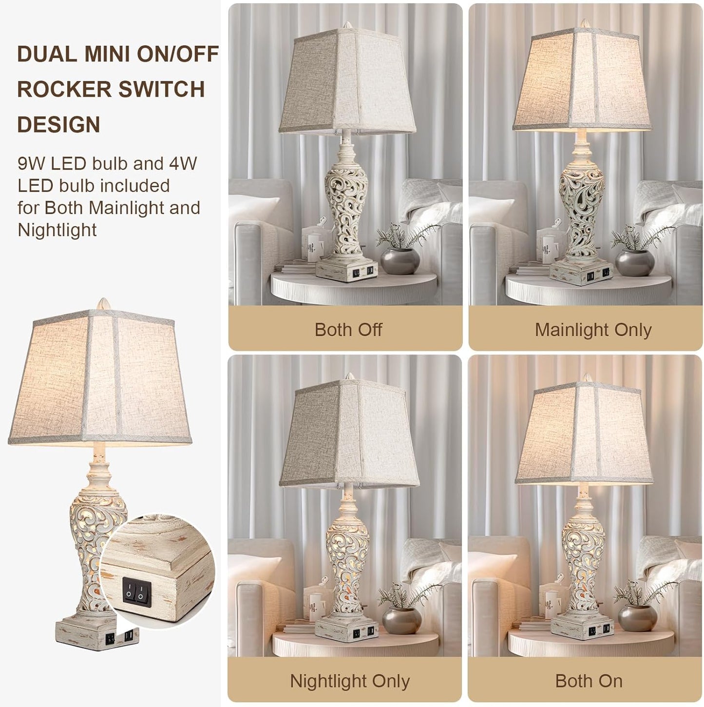 Linen Fabric Table Lamps Set of 2 – USB Port, Night Light, 28.5" Bedside Lamp