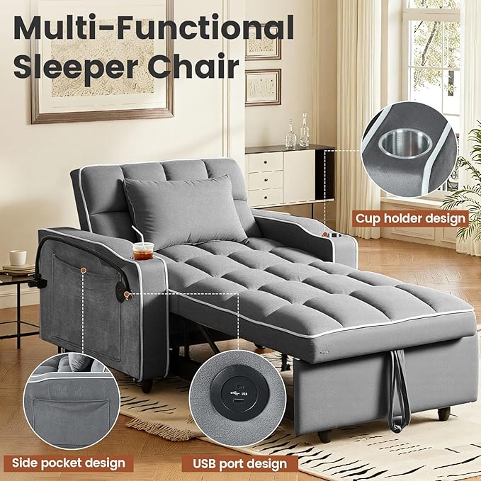 Convertible Sleeper Chair, Pull Out Chair Sleeper with Bracket and Cup Holder, Chairs Bed Sleepers for Adults, 3 in 1 Sofa Bed Chairs for Small Spaces, Living Room, Gray