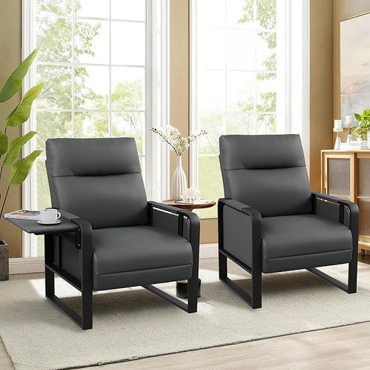 Faux Leather Accent Chairs Set of 2 with Side Table Modern Upholstered Armchair Leisure Chairs for Living Room Bedroom Office Club Dark Grey