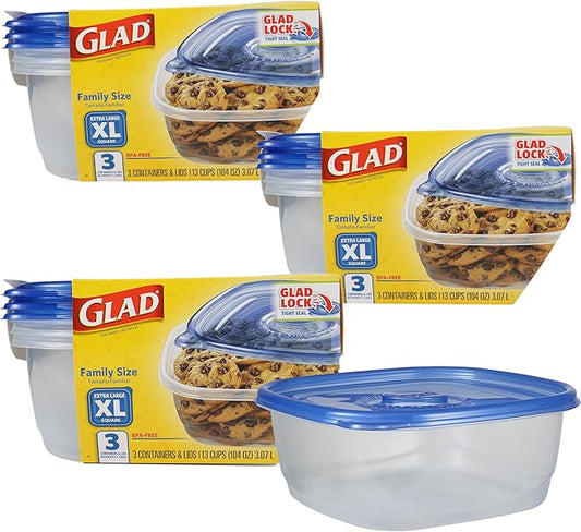 Glad GladWare XL Square Food Storage Containers, Family Size Meal Container with Lock Tight Seal for Leftovers and Meal Prep, Reusable and Dishwasher Safe, 104 Oz, 3 Count - 3 Pack