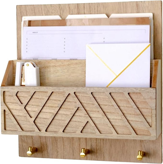 BLU MONACO Wall-Mounted Mail and Key Holder – Natural Wood 2-Tier Letter Organizer with 3 Hooks — Entryway Command Center for Mail, Keys, and Documents