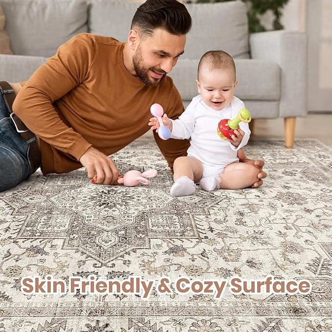 Vintage Living Room Area Rug 9X13 - Large Soft Washable Oriental Traditional Distressed Farmhouse Rugs for Bedroom - Indoor Floor Accent Carpet for Home Office House Decor - Light Brown