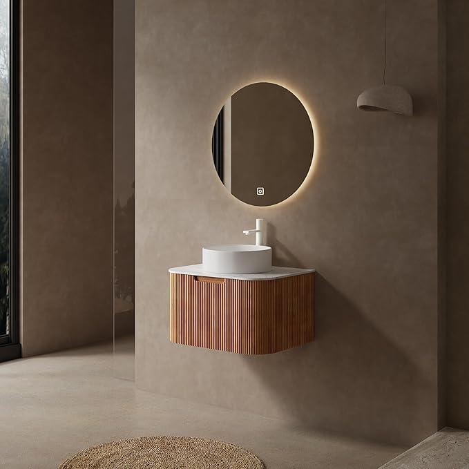 KEIKI 24" Bathroom Vanity Cabinet with Sink Combo, Wall Mounted Curved Edges Striped Floating Bathroom Vanity with Soft-Close Drawer, White Round Ceramic Basin Without Faucet, Natural Wood