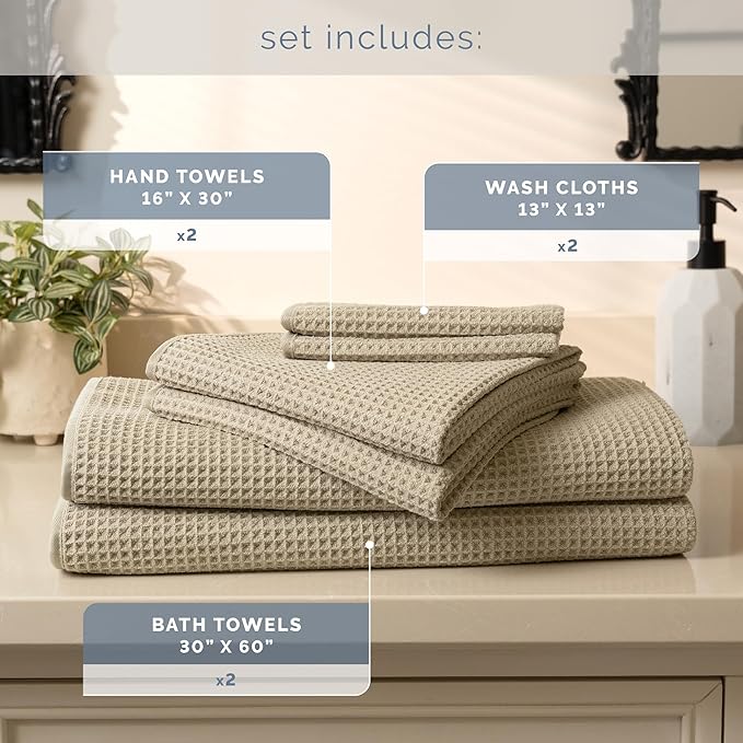 S&T INC. Aura Towel Set, 6 Piece Set, Premium Waffle Weave, Bath Towels, Wash Cloths and Hand Towels for Bathroom, Kitchen, and Home, Absorbent and Fast Drying Microfiber, 420gsm, 6 Pack, Beige