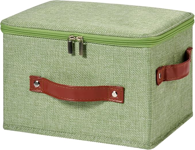 Storage Bin Box with Zippered Lid Cotton Linen Fabric Decorative Basket PU Leather Handles PP Plastic Board Foldable Lidded Clothing Shelf Closet Organizer Container (Light Green, Small)