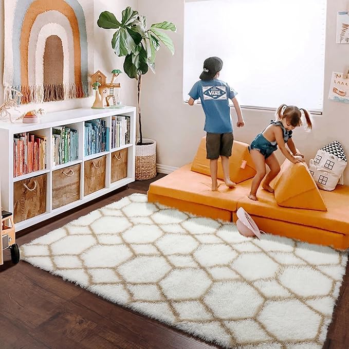 ONASAR 5x7 Area Rugs for Living Room Bedroom, Fluffy White and Beige Faux Fur Bedside Rug, Geometric Boho Soft Plush Shaggy Floor Carpet Mat for Nursery Kids Girls Teen Dorm Home Decor