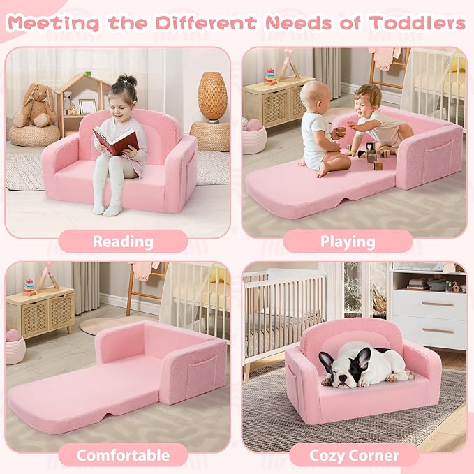Extra Wide Kids Couch, 2-in-1 Soft Toddler Couch with Blanket, Comfy Toddler Chair, Convertible Sofa with Cute Rainbow Design, Pink