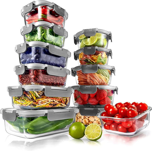 NutriChef 24pcs Glass Food Storage Containers, (12 Stackable Heavy Duty Meal Prep Containers w/ 12 Airtight Lids), Microwave, Freezer, & Dishwasher Safe for Food, Snacks, Fruit & More, (Gray)