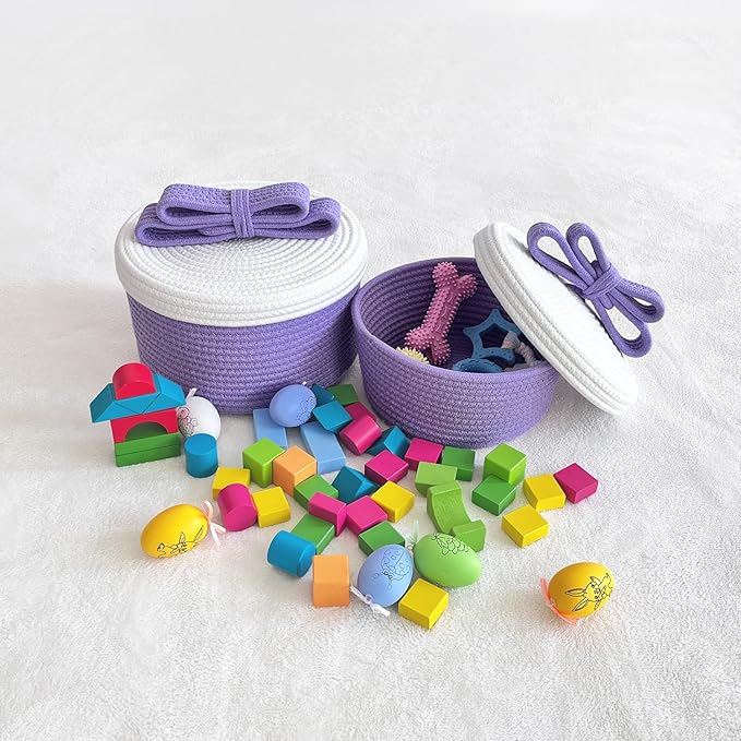 Cute Small Toy Box & Storage Baskets with Lids, Round Woven Rope Basket with Bunny & Bow Handle, Decorative Home Decor for Easter Gifts, Kids & Pets (Lavender)