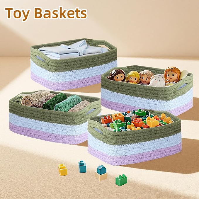 2 Pack Storage Baskets for Organizing, Small Storage Bins for Shelves, Woven Cotton Rope Baskets with Handles, Organizer Baskets for Gifts Empty, 12''Lx8''Wx4.5''H (Rainbow)