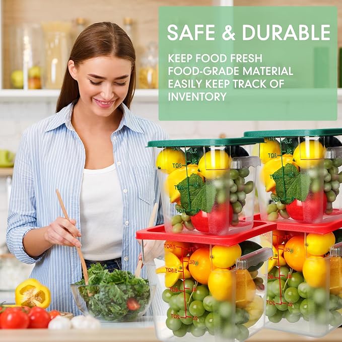 Lallisa 4 Pcs 8qt & 4qt Clear Food Storage Containers with Lids Handles and Scales, Stackable Plastic Square Food Storage Containers for Dough Proofing Baking Kitchen Restaurant(Red, Green)