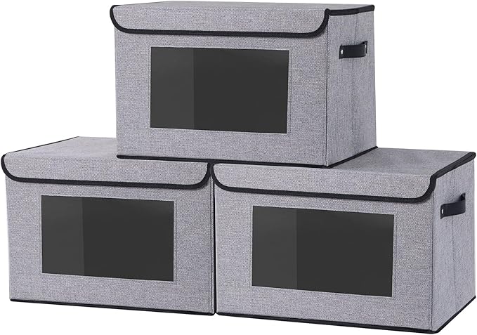 Storage Bins with Lids, Decorative Storage Boxes with Handles, 15 x 9.8 x 9.8 Inch Closet Organizers for Shelves Bedroom Office, Gray, 3-Pack