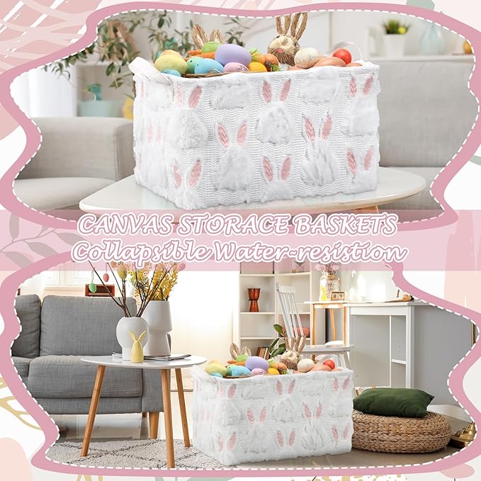 Kathfly 3 Pcs Easter Storage Bin Jacquard Design Bunny Basket Box with Handle Large Storage Baskets Foldable Rabbit Box for Easter Party Decoration