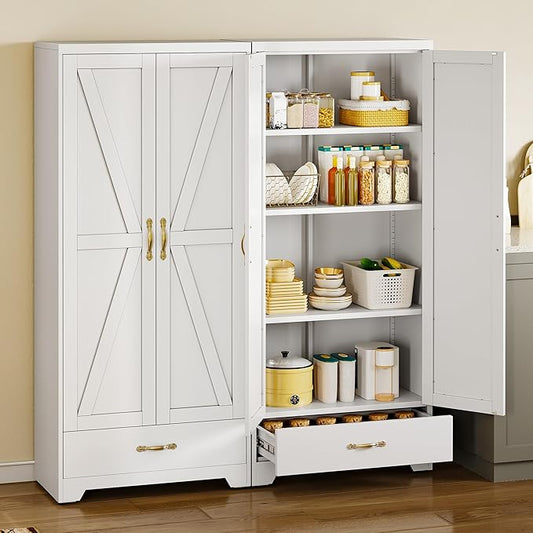 YITAHOME Kitchen Pantry Cabinet, 62" Metal Storage Cabinets with Adjustable Shelves, Farmhouse Organizer Cabinet with Barn Doors, Freestanding Cupboard with Drawer for Dining Living Room, White