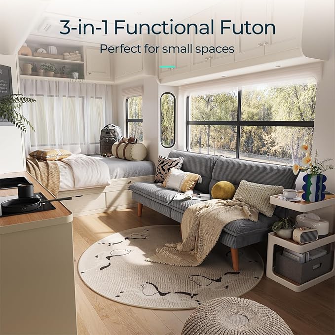 LINSY HOME Futon Sofa Bed - Convertible Corduroy Futon Couch Bed with Adjustable Backrest, Modern Small Loveseat Sleeper Sofa for Small Spaces, Living Room, Apartment or Office (Grey)