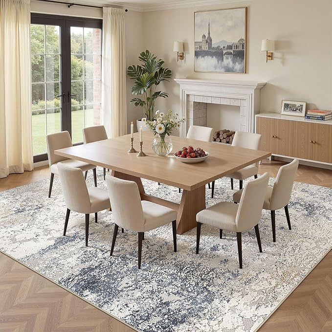 Square Area Rug Living Room Rugs - 12x12 Washable Large Soft Indoor Neutral Modern Abstract Low Pile Rug Carpet for Bedroom Dining Room Farmhouse Home Office - Beige Blue