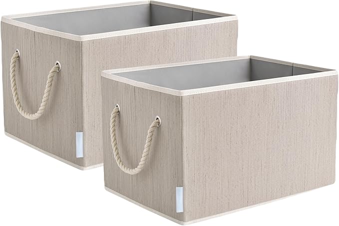 Pack of 2 Storage Bins Closet Organizer System, Sturdy Foldable Storage Boxes for Organizing Clothing, Books - Shelf Organizer Shelves Basket Storage Bin with Handles Clay