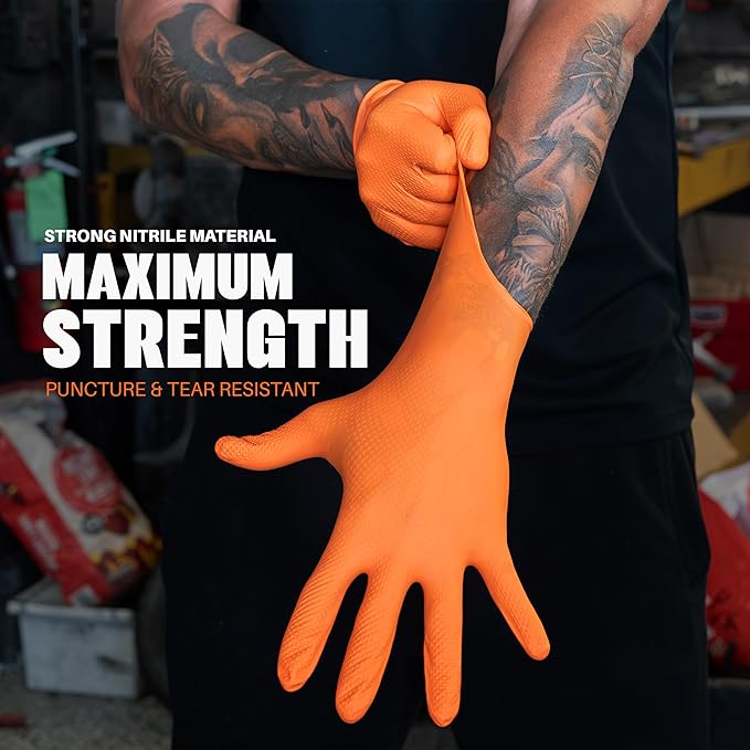 Herkules Grip Heavy Duty 8Mil Orange Nitrile Gloves,3D Raised Diamond Texture-Latex & Powder Free-Industrial, Mechanic (2, Large)