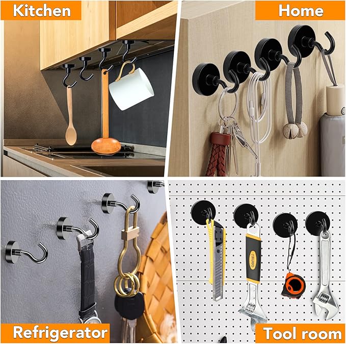 MIKEDE Black Magnetic Hooks Heavy Duty, 30 LBS Strong Magnets with Metal Hooks for Refrigerator, 6 Pack Super Cruise Hooks for Hanging, Magnetic Hanger for Kitchen, Workplace, Storage