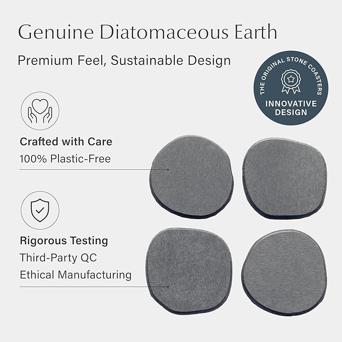 Dorai Home Stone Coaster Set – 4 Absorbent Diatomite Coasters for Instant Drying, Modern Design, Slate