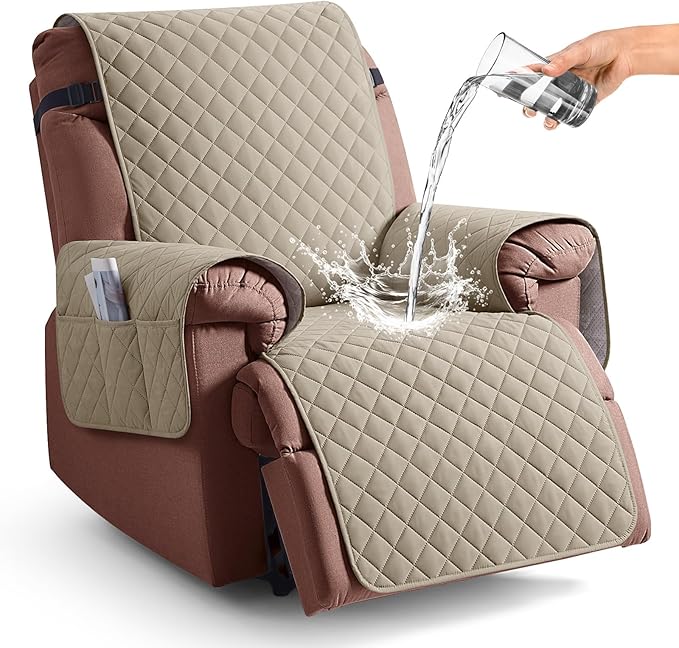 KinCam 100% Waterproof Recliner Chair Cover, Reclining Couch Covers for Pets, Dogs, Recliner Couch Slipcover Furniture Protector with Elastic Straps for Kids(28", Khaki)