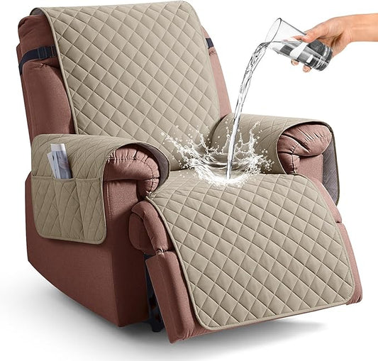 KinCam 100% Waterproof Recliner Chair Cover, Reclining Couch Covers for Pets, Dogs, Recliner Couch Slipcover Furniture Protector with Elastic Straps for Kids(28", Khaki)