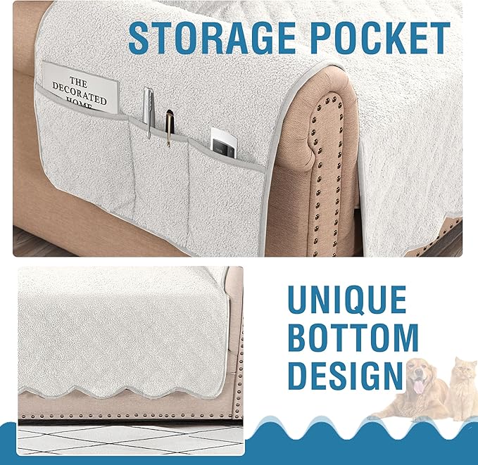 H.VERSAILTEX Waterproof Quilted Couch Covers Non Slip Sofa Covers Protector Slipcovers for Dogs Couch Covers for 3 Cushion Couch Pet Furniture Protector Modern Fleece Fabric (Sofa,Natural White)