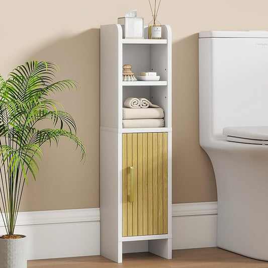 Bathroom Storage Cabinet, Small Corner Floor Cabinet with Fluted Door Narrow Toilet Paper Cabinet with Adjustable Shelves Wooden Slim Bathroom Organizers and Storage for Small Spaces, White