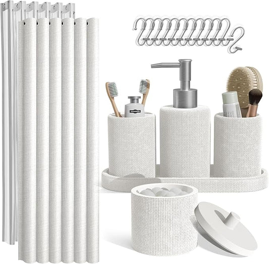 Clara Clark Bathroom Set - White Bathroom Accessories Set, 19PC Bathroom Accessory Set, Bathroom Sets with Shower Curtain Set, Soap Dispenser & Toothbrush Holder