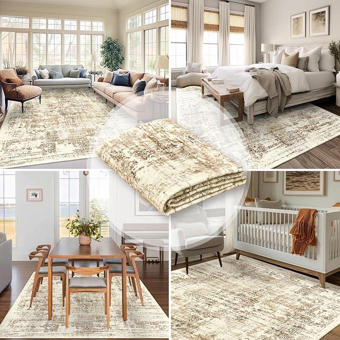 Madane 8x10 Area Rugs for Living Room, Machine Washable Vintage Natural Rug with Anti-Slip Backing, Soft Large Throw Rugs, Low Pile Carpet for Bedroom Dining Room Farmhouse Brown