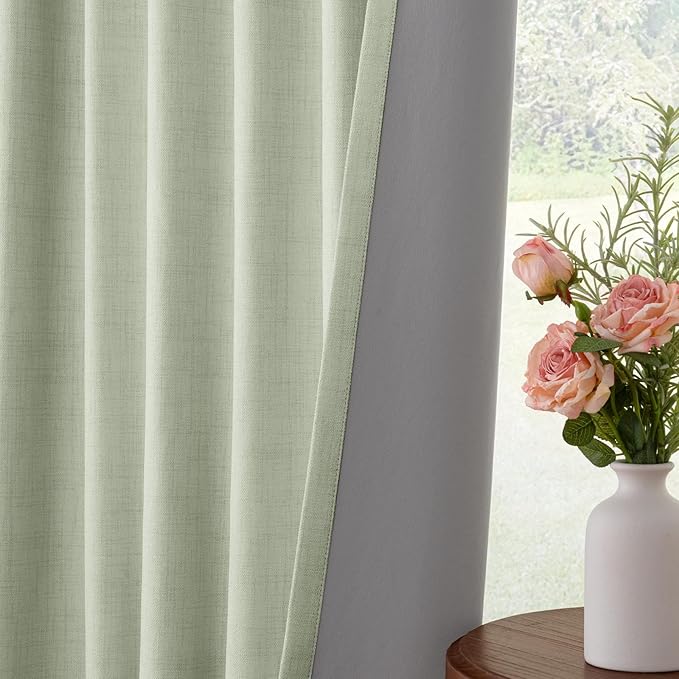 INOVADAY 100% Blackout Curtains for Bedroom, Black Out Curtains 108 Inch Long, Clip Rings Linen Blackout Drapes, Thermal Insulated Room Darkening for Living Room, 2 Panels - Sage,W50xL108