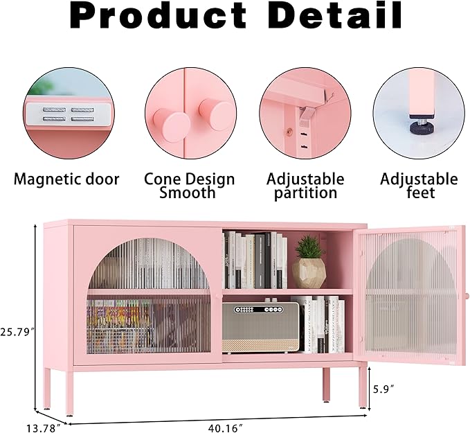 Metal TV Stand, Accent Storage Cabinet with 2 Acrylic Doors, Pink Locker Cabinet with Adjustable Shelf, Side Cabinet for Home,Office,Entryway,Dining/Living Room,Bedroom,Pink