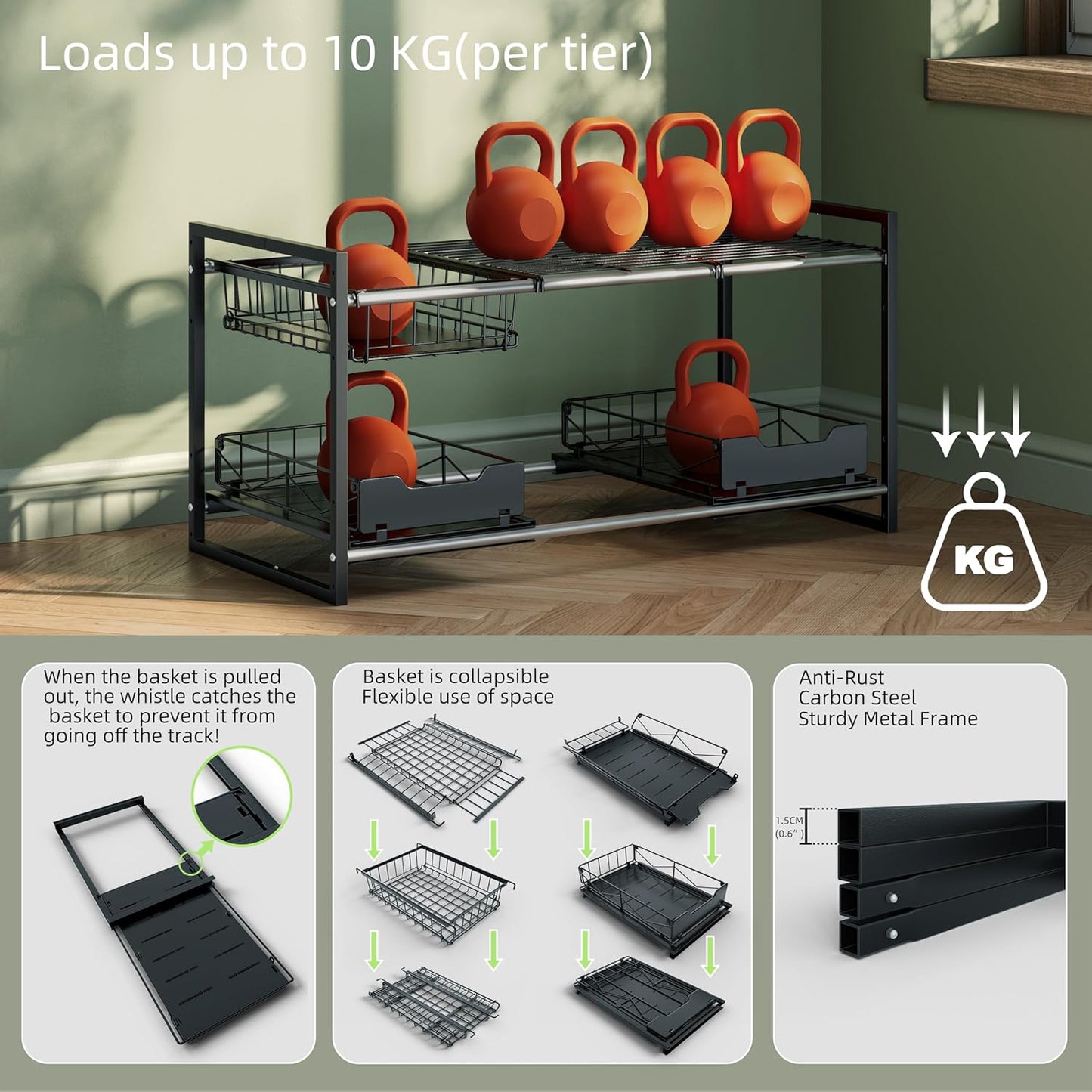 Under Sink Organizers and Storage,Kitchen Cabinet Organizer,2 Tier Under Sink Expandable Shelves，Bathroom Cabinet Organizer with Pull Out Drawers,(30.9-31.64)" W x 14.69" D x 15.83" H,Black