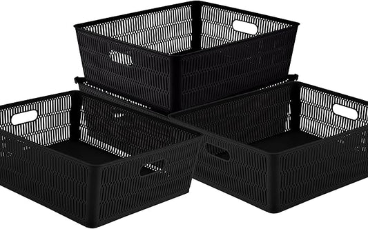 Simplify 4Pk Shallow Slide 2 Stack It Tote Basket | Storage & Organization | Open Bins with Stackable Capability | Bathroom | Crafts | Pantry | Playroom | Office | Black