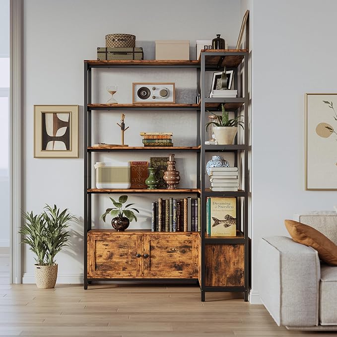 IRONCK Corner Bookshelf, Vintage Industrial Bookcase 6 Tier with Storage Cabinets, 70" Wooden Book Shelf with Metal Frame for Living Room, Office, Bedroom