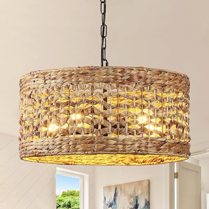 Hand Woven Rattan Pendant Light, 18" 5-Light Wicker Dining Room Light Fixtures Boho Chandelier Coastal Large Hanging Ceiling Lights Natural Lighting for Kitchen Island Living Room Bedroom