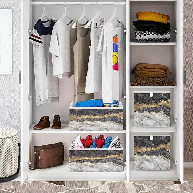 Bolaz Gold Black Marble Closet Organizers Storage Cubes Storage Bins Shelf Baskets Containers for Home Kids Room Toys Office,Rectangle