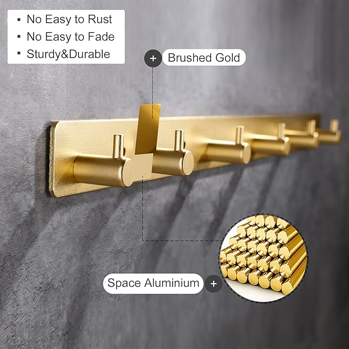 Adhesive Bathroom Gold Hook Rail, 6 Brushed Gold Wall Key Hooks Rack Hanger Towel Robe Stick Door Hooks for Bathroom Toilet Entryway Hallway Kitchen Wall Mounted