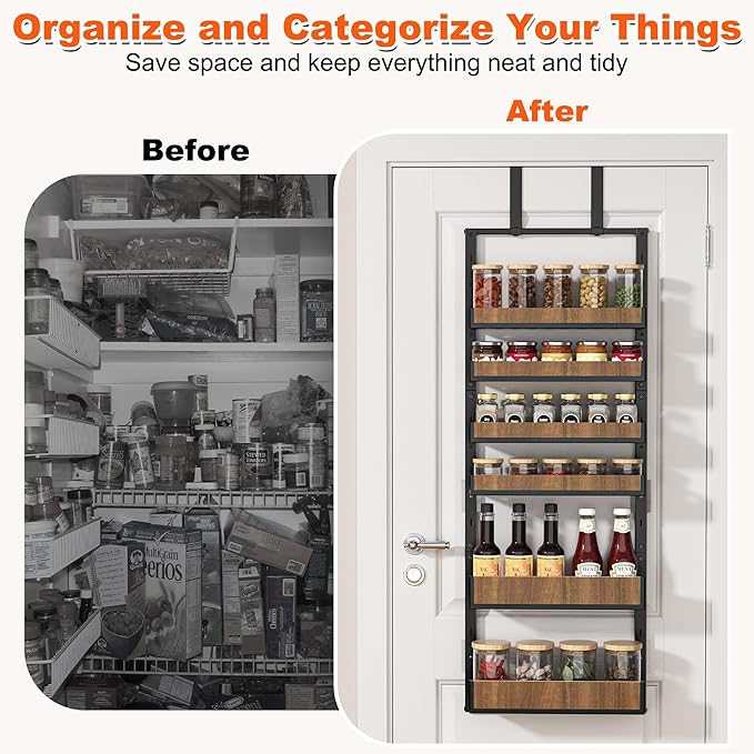 Aquzee Pantry Door Organizer, 6-Tier Over the Door Pantry Organizer, 2 IN 1 Hanging Wall Mount Spice Rack, Adjustable Baskets, Heavy Duty Spice Organization for Cabinet Kitchen Closet