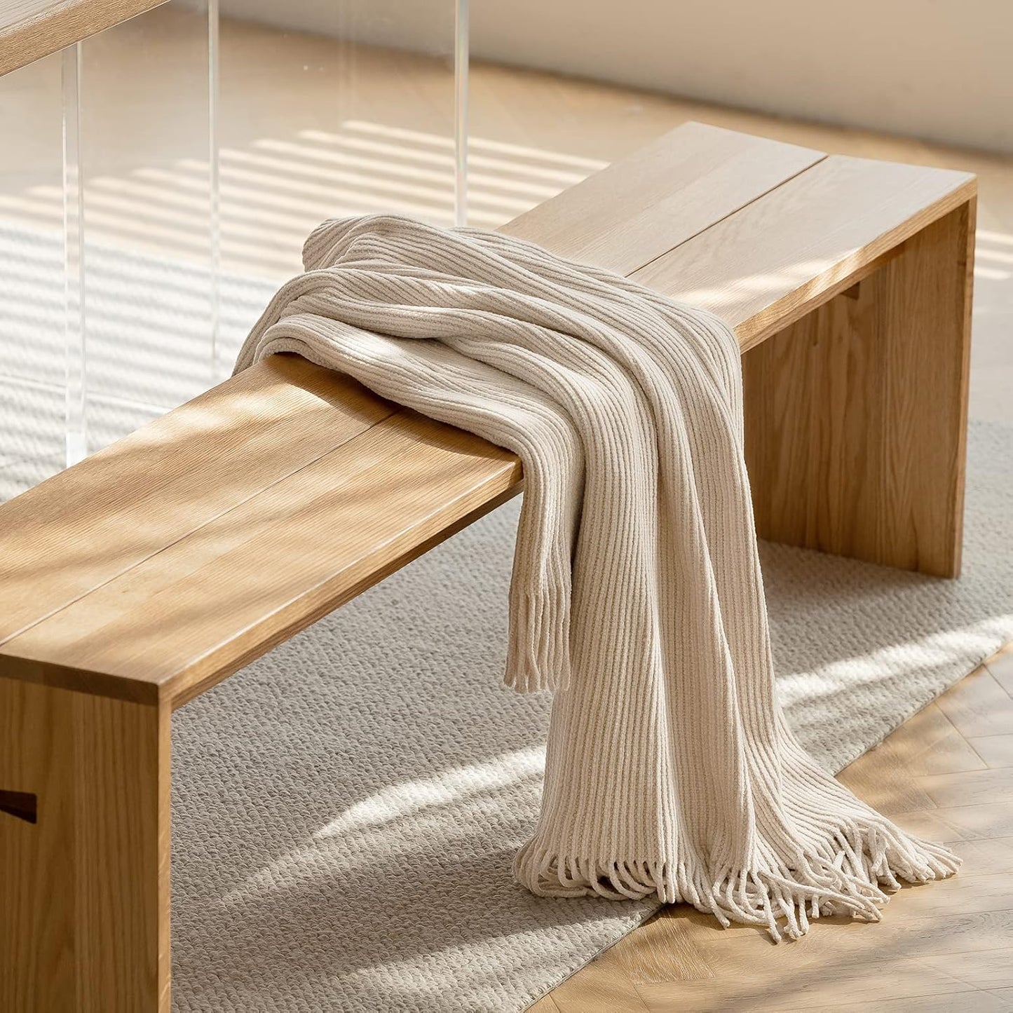Chenille Knit Throw Blanket — Cream/White, Boho Soft, 50×60"