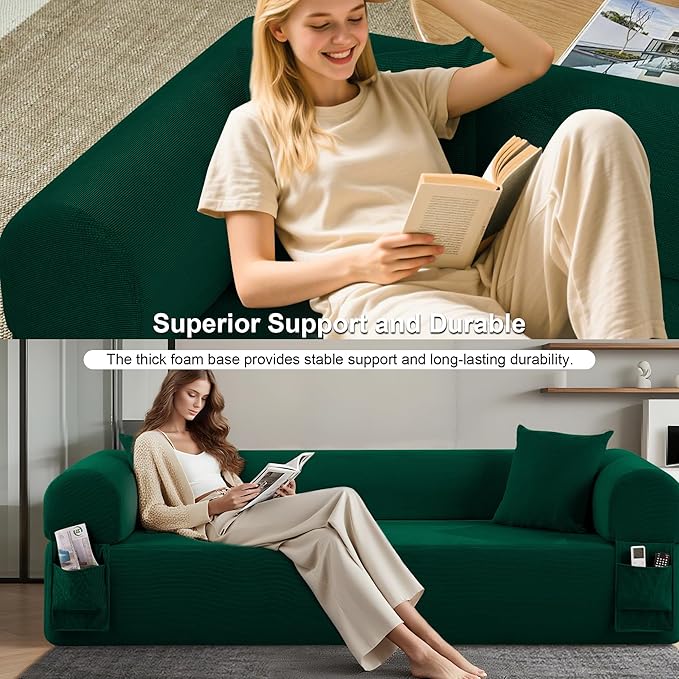 83'' Boneless Sofa in A Box, 3-Seater Floor Sofa No Assembly Corduroy Couch for Living Room, Cloud Couch with 2 Pillows & Storage Bag, Memory Foam Small Floor Couches for Office, Dark Green