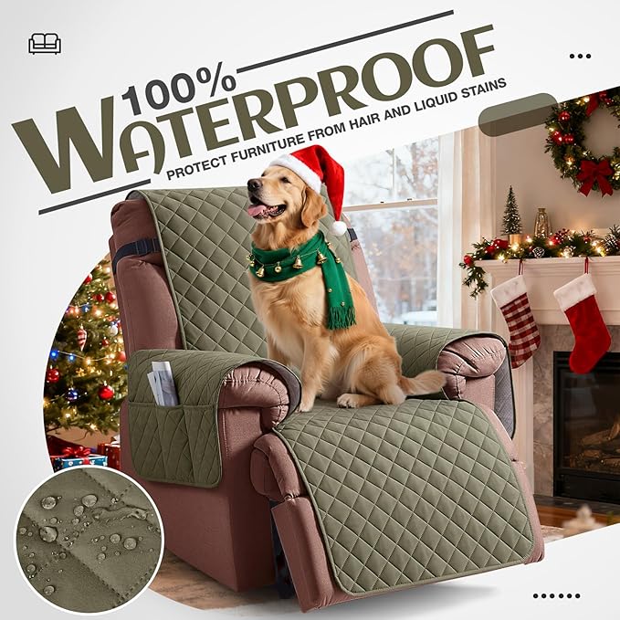 KinCam 100% Waterproof Recliner Chair Cover, Reclining Couch Covers for Pets, Dogs, Recliner Couch Slipcover Furniture Protector with Elastic Straps for Kids(23.6", Gray Green)