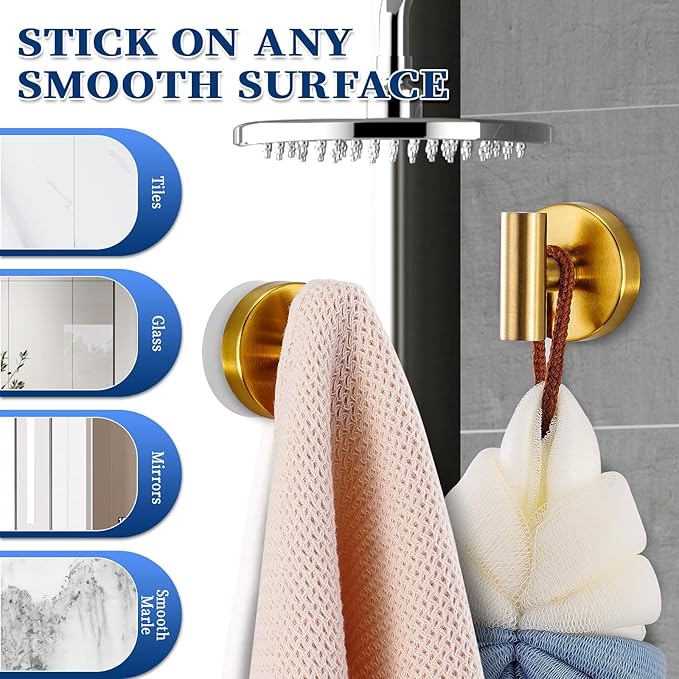 Heavy Duty Reusable Suction Cup Hooks for Shower - No Drill Bathroom/Glass/Mirror/Tiles & Metal Surfaces,and Smooth Non-Porous Surfaces for Towels, Robes, Loofahs (4, Brushed Gold)