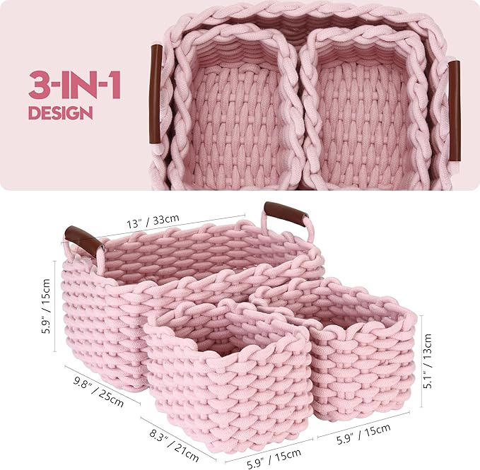 Sea Team 3-Pack Rectangle Woven Cotton Rope Storage Baskets with Handles, Shelf Basket, Closet Organizers, 3-in-1, Pink