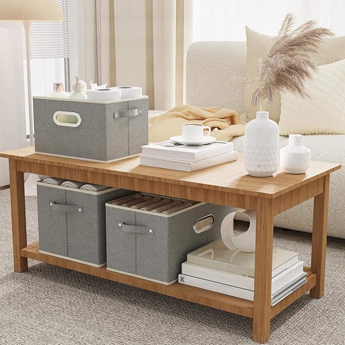 Fabric Open Storage Bins with Metal Handles, Collapsible Organizer Baskets, Foldable Cube Boxes for Shelves, Closet, Living Room, 13x9.1x7.9in, Grey, 4 Pack